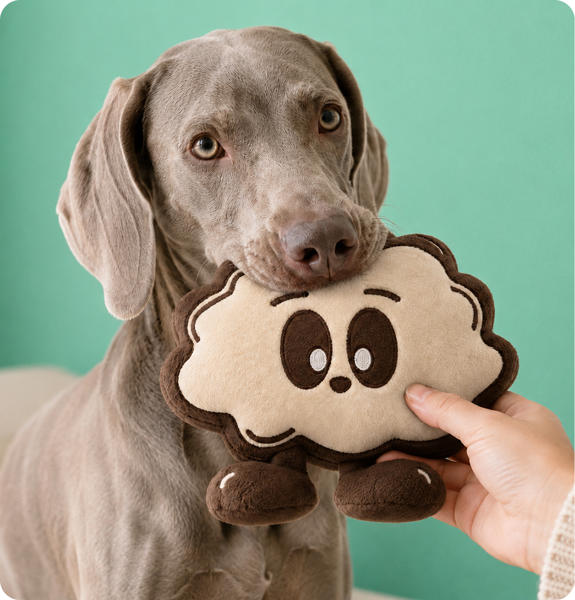 Weimaraner holding a Truffi plush