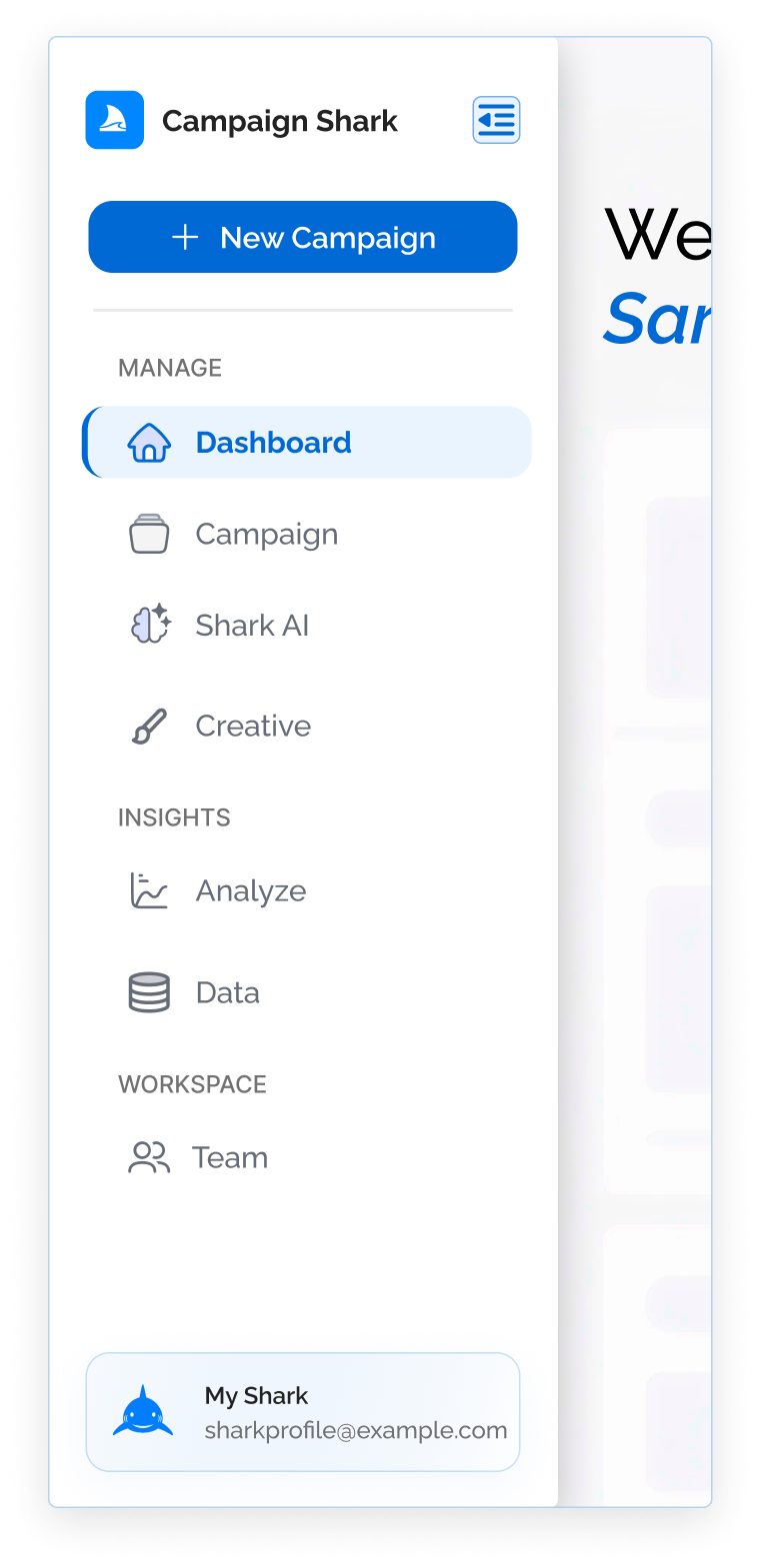 Campaign Shark navigation proposal with expanded collapsible sidebar