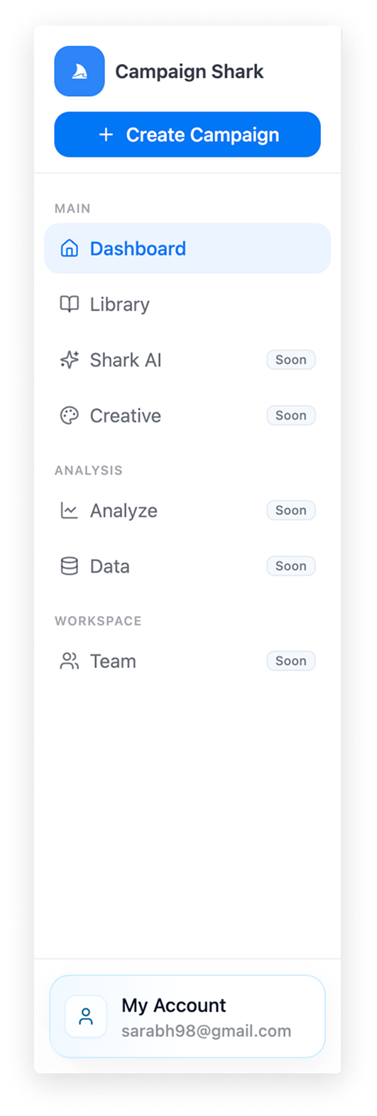 Campaign Shark current interface with fixed sidebar navigation